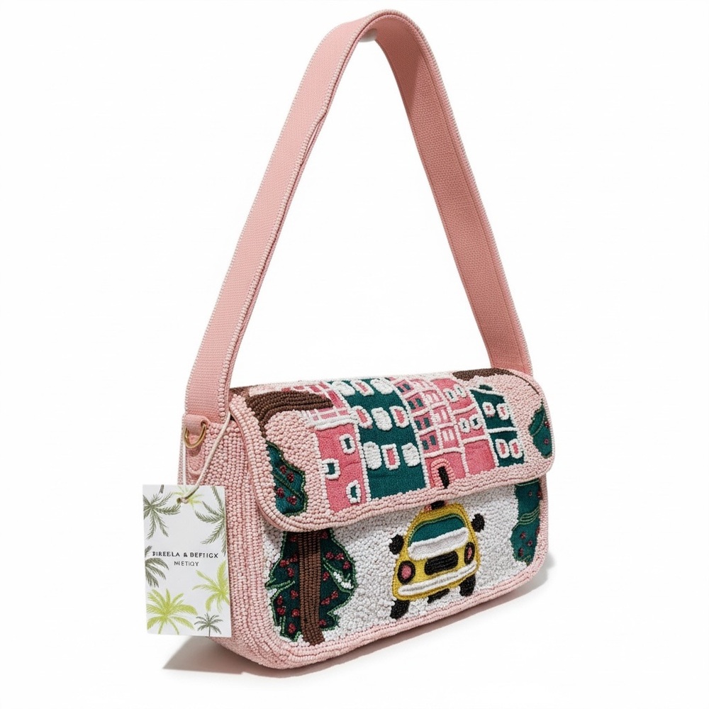 America Beyond Chic Pink Beaded Shoulder Bag with Cityscape - Picture 3 of 9